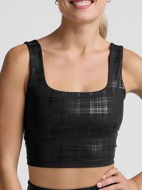 Beyond Yoga The Studio High Cropped Tank in Plaid Foil Black | Size Small